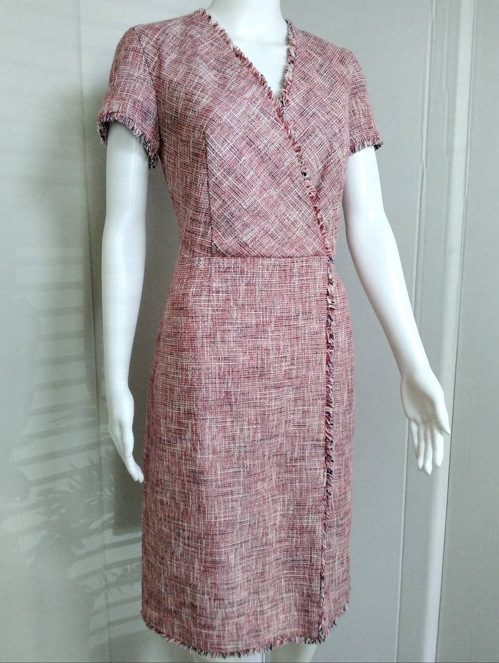 Banana Republic Pink Tweed Fringe Faux Wrap Career Sheath Dress Sz 8